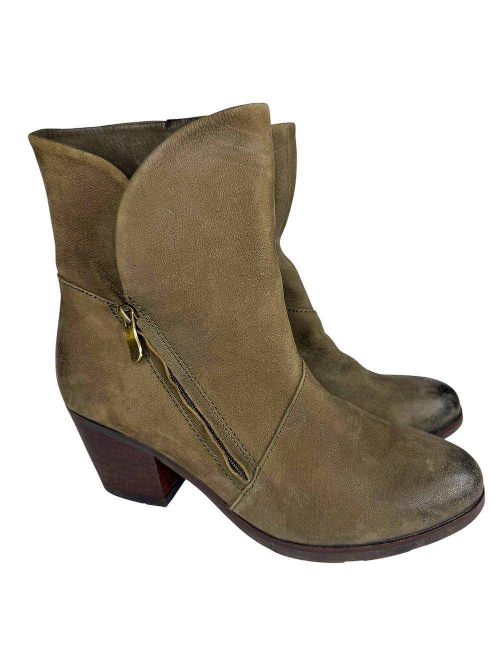 Bussola Reiiavik Asymmetrical Olive Green Leather  Zip Heeled Boots Sz 38 - Picture 2 of 7